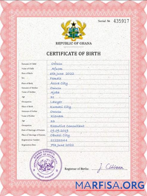 Realistic Ghana vital record birth certificate PSD template